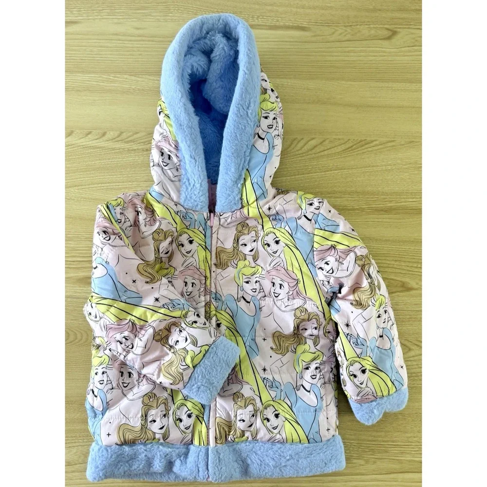 Disney Princess Reversible Puffer Jacket Girls 2T Pink Blue Faux Fur Hooded Coat